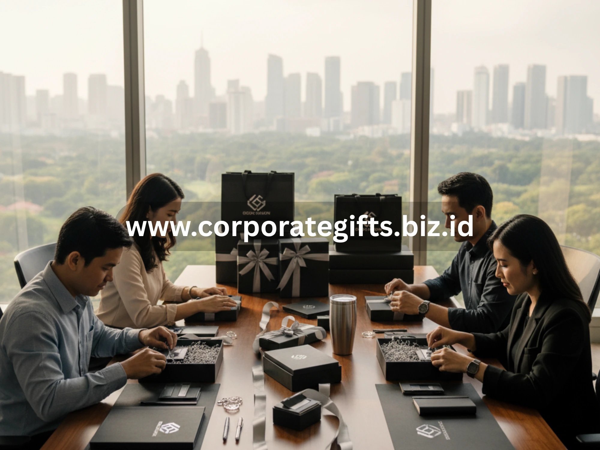 Tim perusahaan menyiapkan souvenir kantor premium